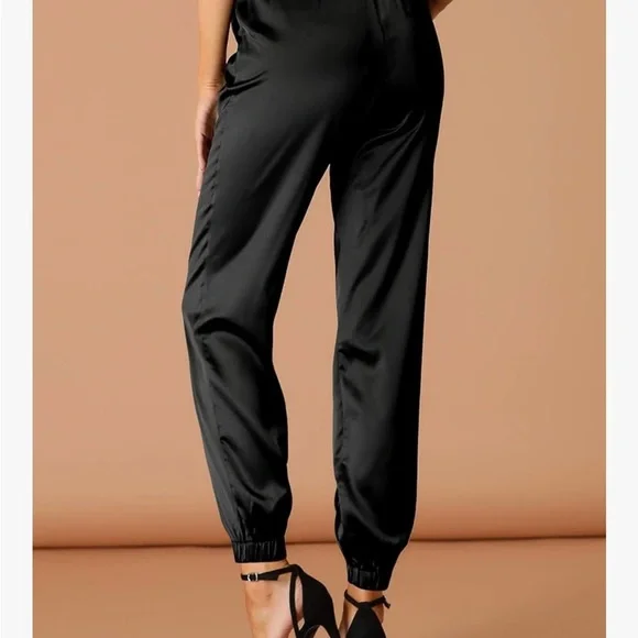 Allegra K Black Satin Pants Drawstring Elastic Waist Straight Leg Joggers - L - Picture 4 of 9
